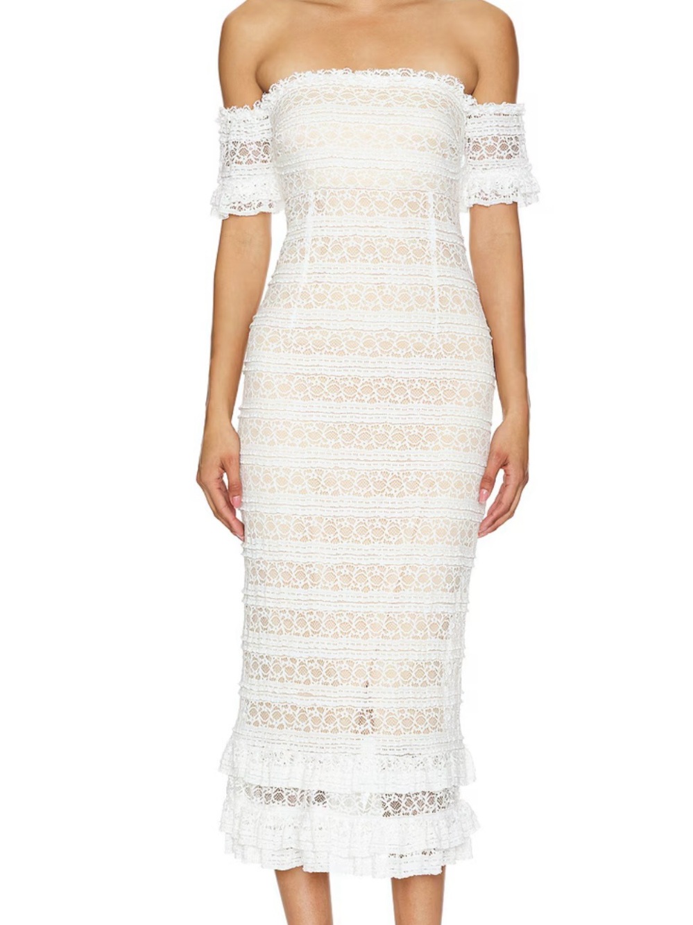 LIKELY Milaro Off-the-Shoulder Lace Midi Dress in Ivory - Size 8